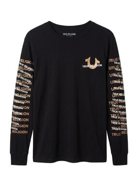 True Religion Black Long Sleeve Logo Tee with Gold Print